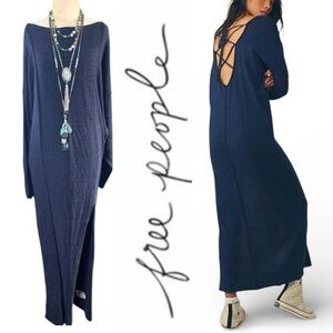 NWT Free People Sunday Spirit 100% Merino Wool Indigo Midi Dress Lace-up Back- M